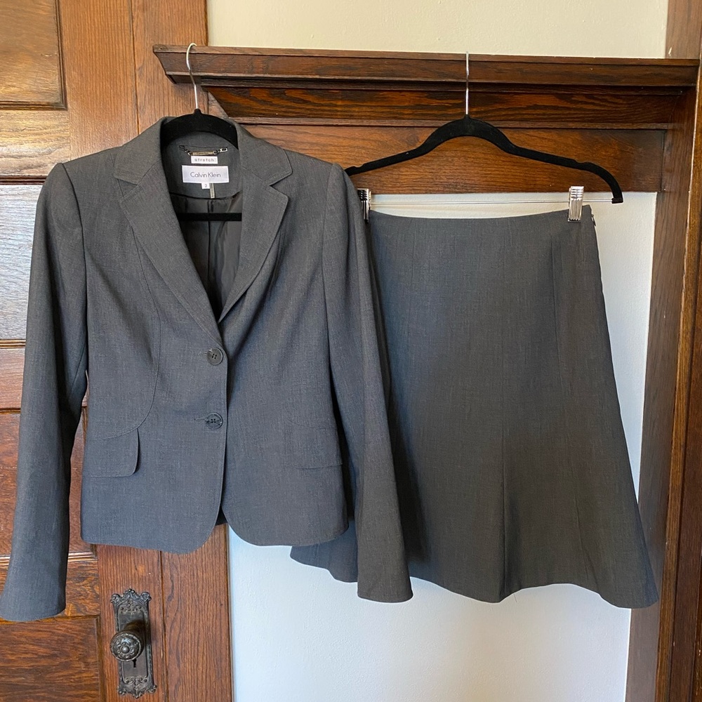 Calvin Klein Grey Stretch Matching Suit Jacket and Skirt